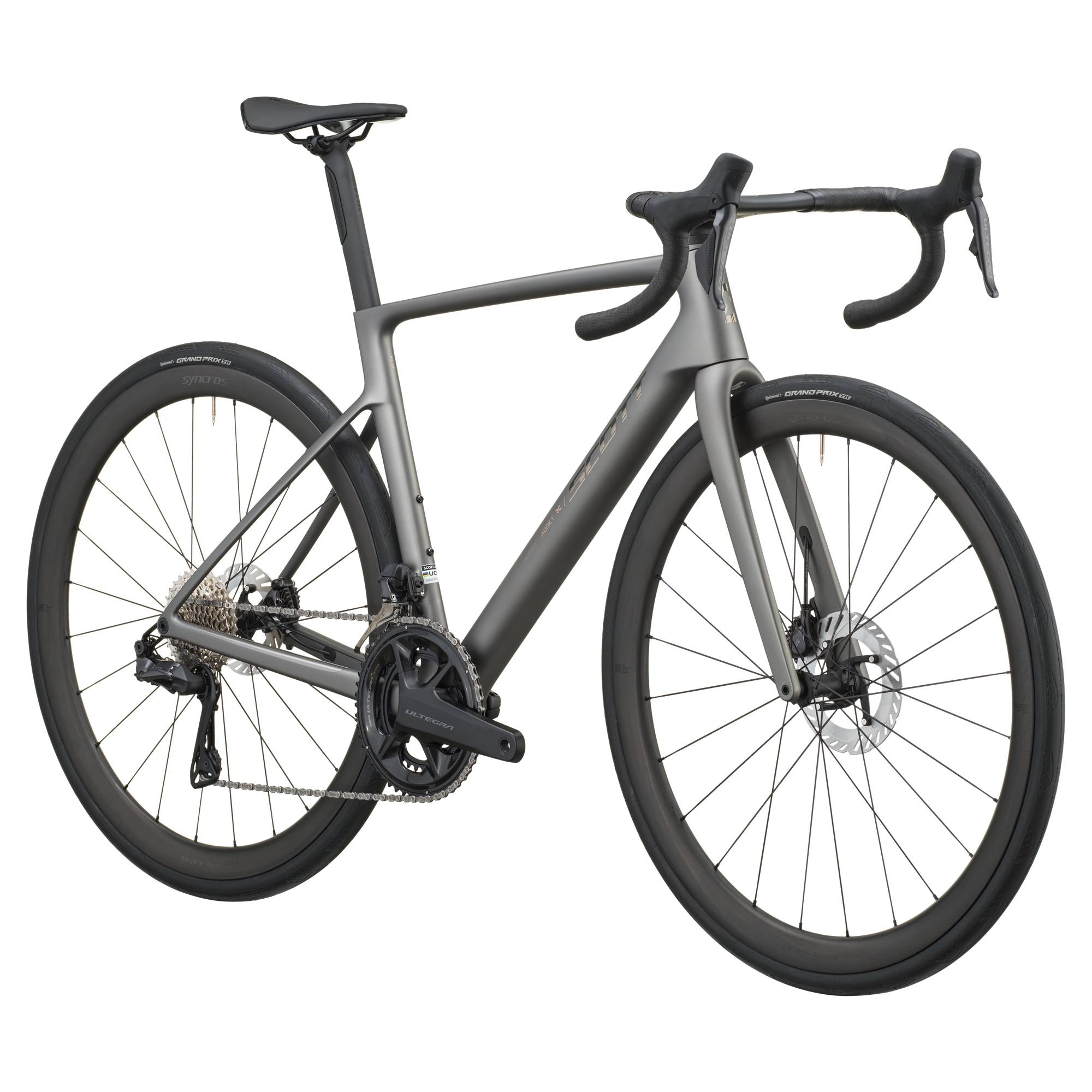 Scott Addict RC 10 Tungsten Grey road bike, front three-quarter view