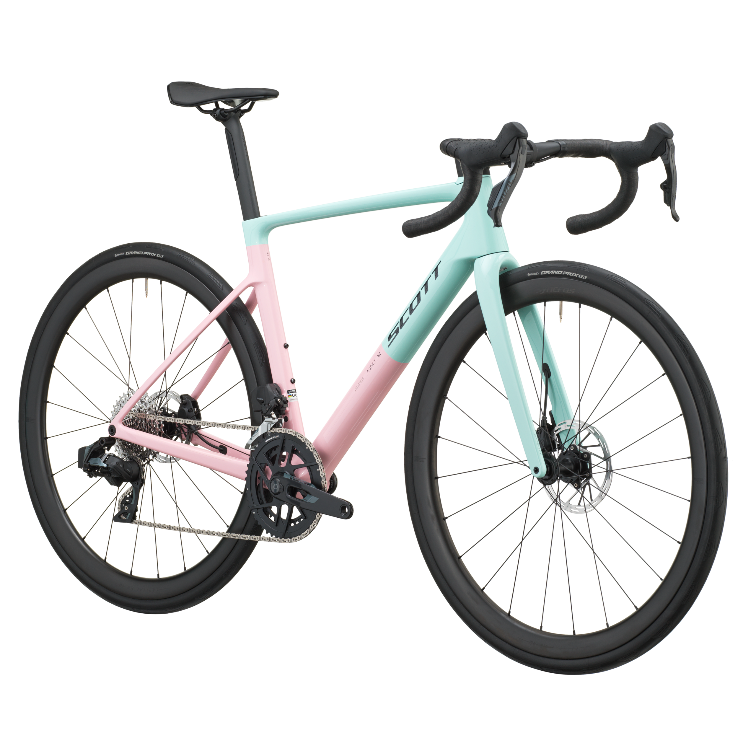 Scott Addict RC 25 (2027) Gelato Pink & Blue road bike, three-quarter front view