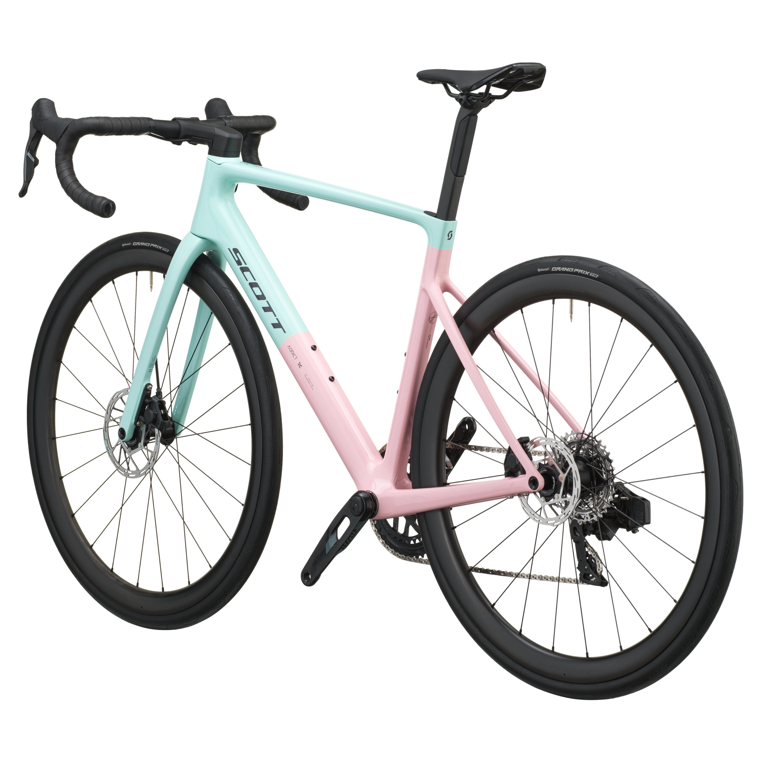 Scott Addict RC 25 (2027) Gelato Pink & Blue road bike, three-quarter rear view