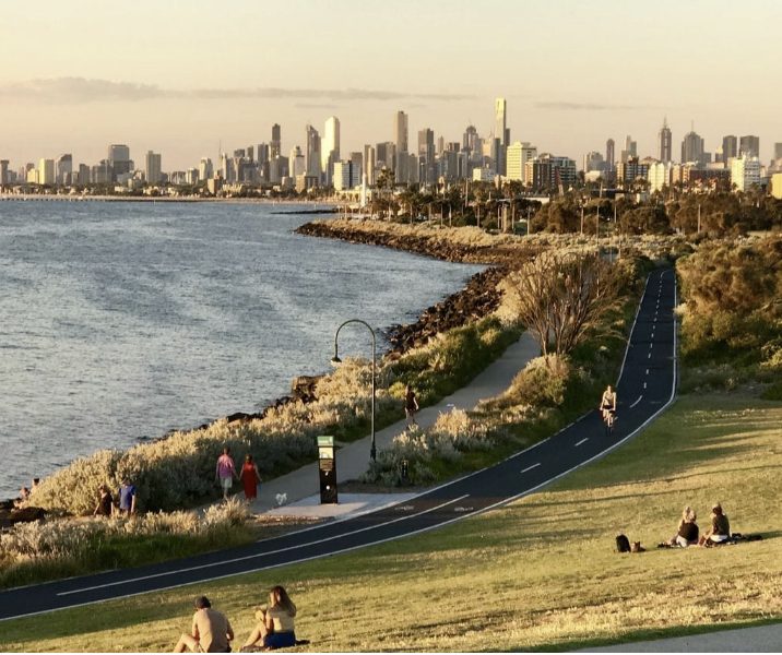 Bay Trail at Point Ormond, Elwood, with the Melbourne city skyline