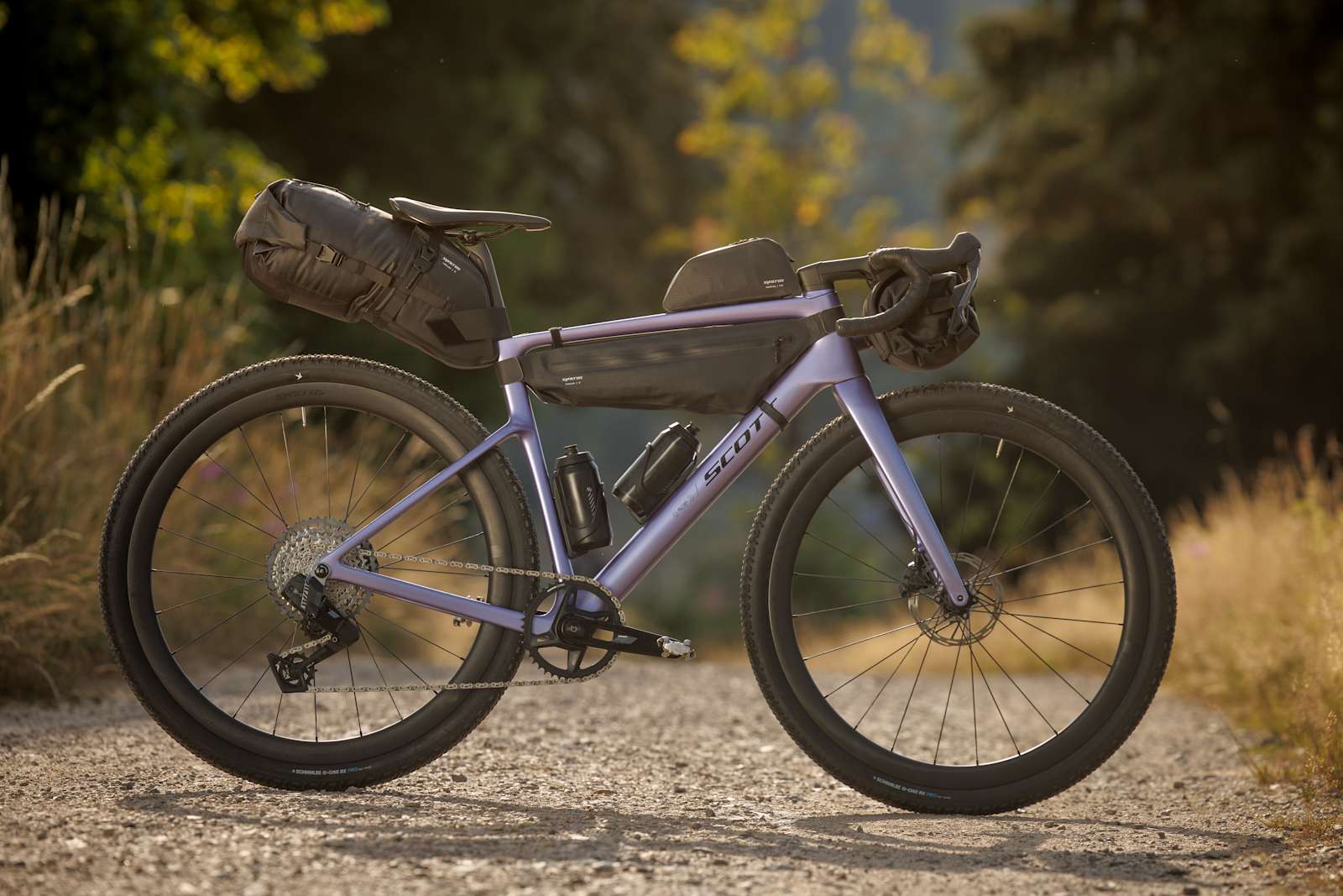 Scott Addict Gravel 2027 Blaze Purple set up with bikepacking bags